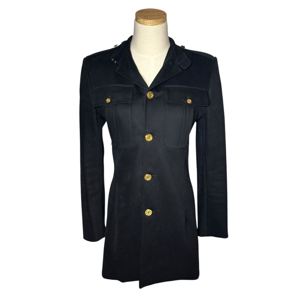 Vintage Ralph Lauren Women's Military Style Black Button Up Coat, Made in USA